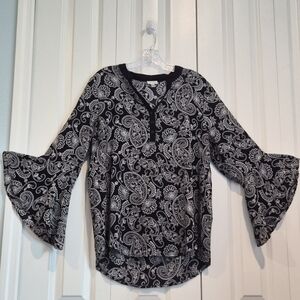 Spense Black White Paisley Tunic Blouse Flutter Sleeve Size L